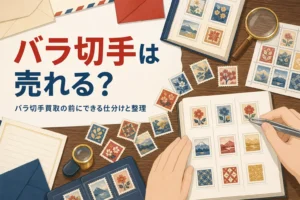 バラの記念切手を台紙に並べて整理する様子を描いた、バラ切手買取の記事のアイキャッチ