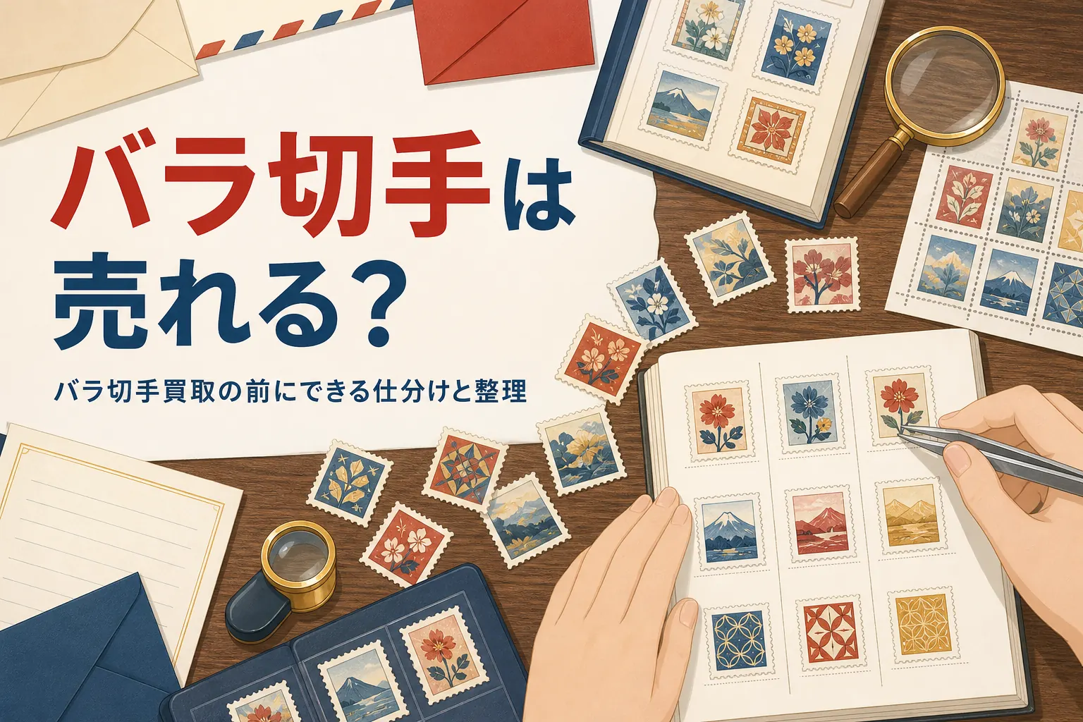 バラの記念切手を台紙に並べて整理する様子を描いた、バラ切手買取の記事のアイキャッチ