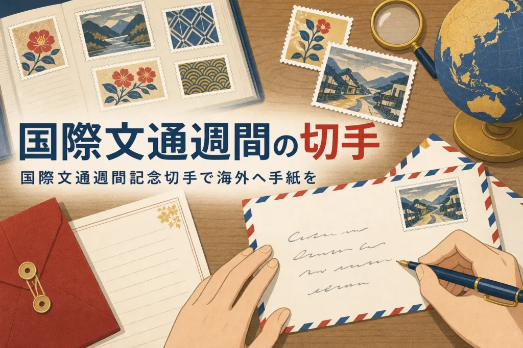 海外宛ての封筒と浮世絵風の切手を並べた、国際文通週間記念切手の記事のアイキャッチ