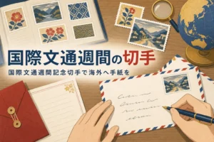 海外宛ての封筒と浮世絵風の切手を並べた、国際文通週間記念切手の記事のアイキャッチ