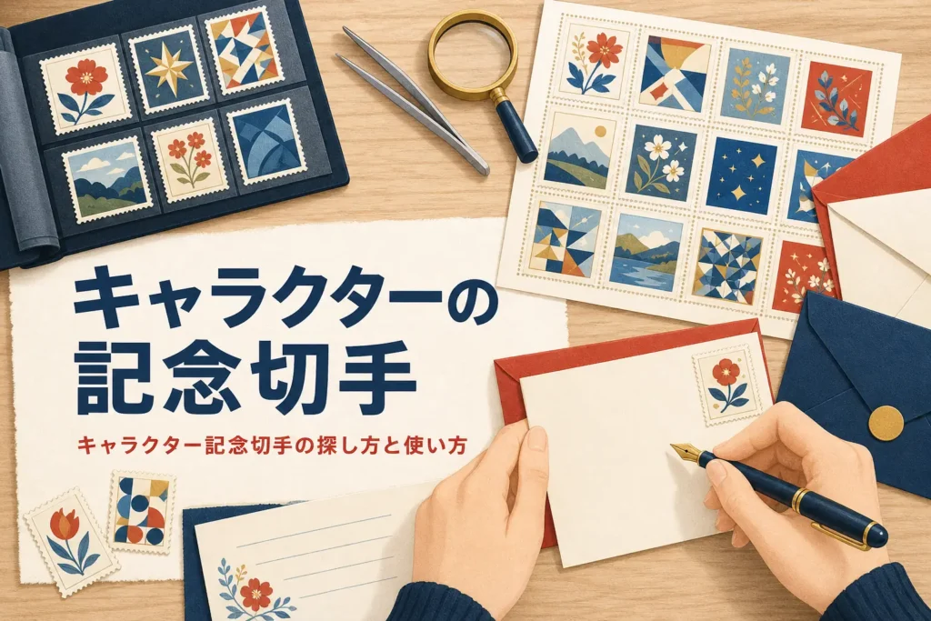 キャラクターの記念切手の売られ方と、探し方・手紙での使い方を紹介する記事のアイキャッチ