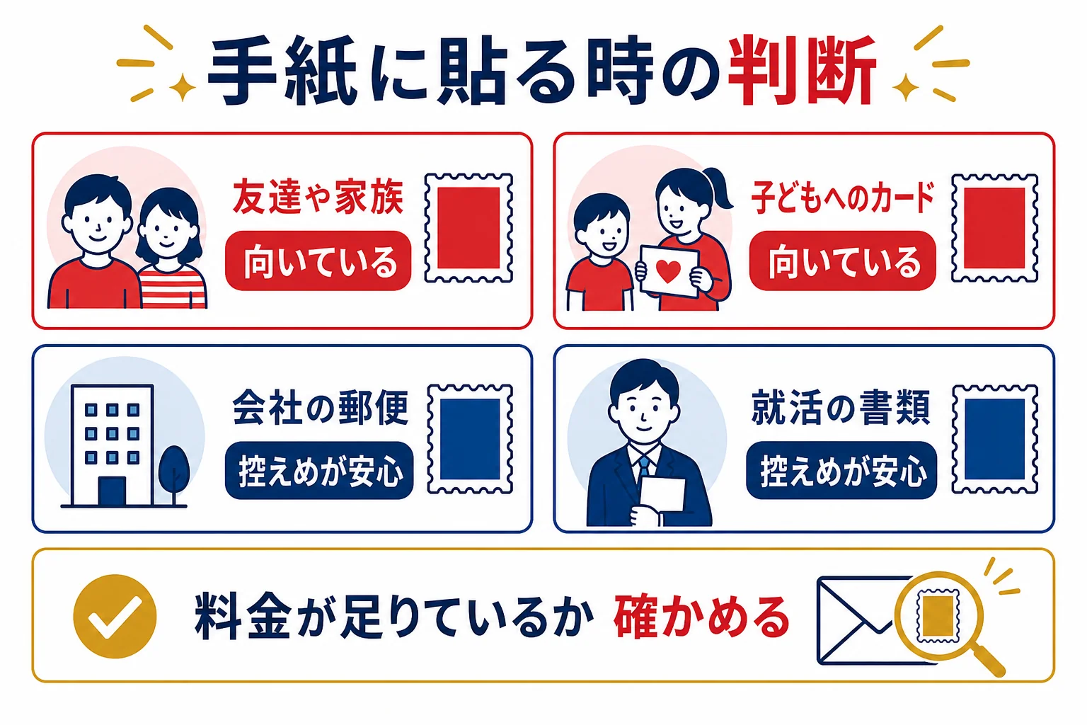キャラクター切手を手紙に貼る時に、相手と場面で向いているかを判断する流れを示した図解