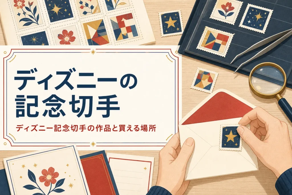 ディズニーの記念切手の作品ごとの中身と、買える場所・使い方を紹介する記事のアイキャッチ