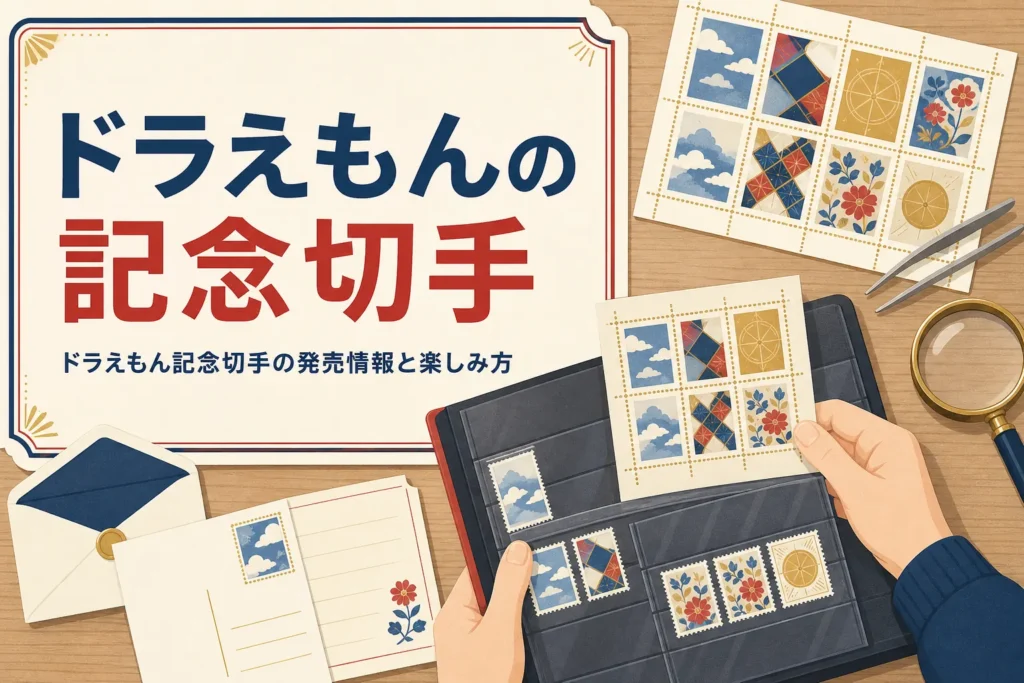 ドラえもんの記念切手の発売情報と、使う・飾る・残すの楽しみ方を紹介する記事のアイキャッチ