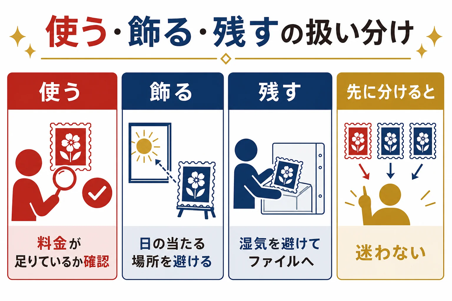 ドラえもんの切手を、使う・飾る・残すの3つの扱い方に分けて、それぞれの場面と気をつけることを示した図解