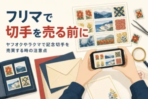 ヤフオクやラクマで記念切手を売買する時の注意点を紹介する記事のアイキャッチ