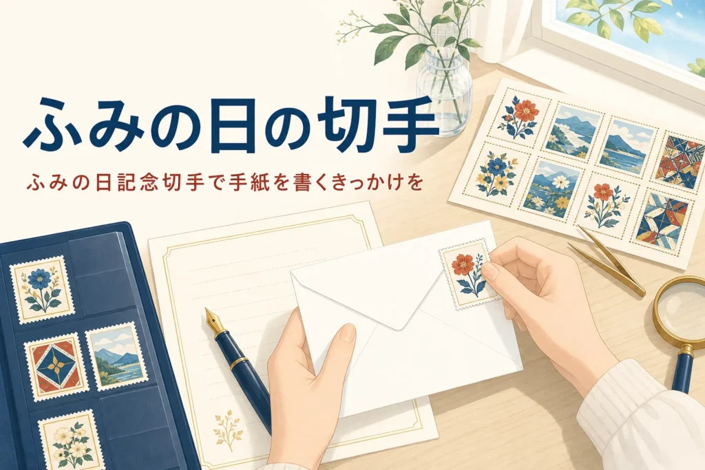 便せんと封筒に切手を貼ろうとしている手元を描いた、ふみの日記念切手の記事のアイキャッチ