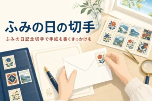 便せんと封筒に切手を貼ろうとしている手元を描いた、ふみの日記念切手の記事のアイキャッチ