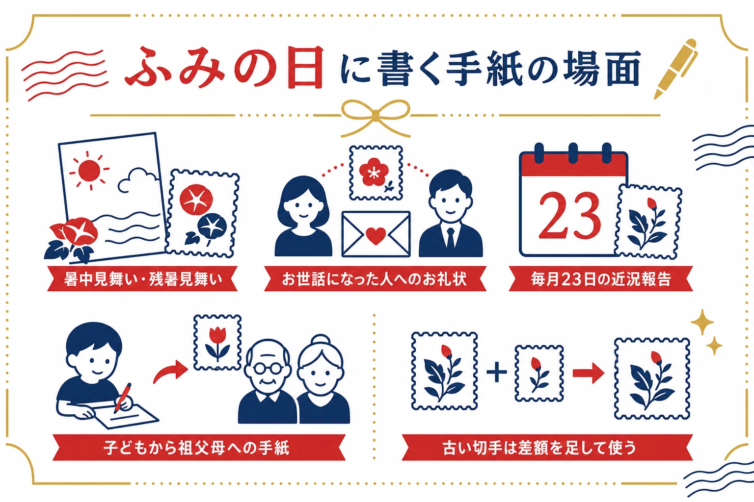 ふみの日の切手と組み合わせて書く手紙の場面を、季節のあいさつ・お礼・近況報告などに分けた図解
