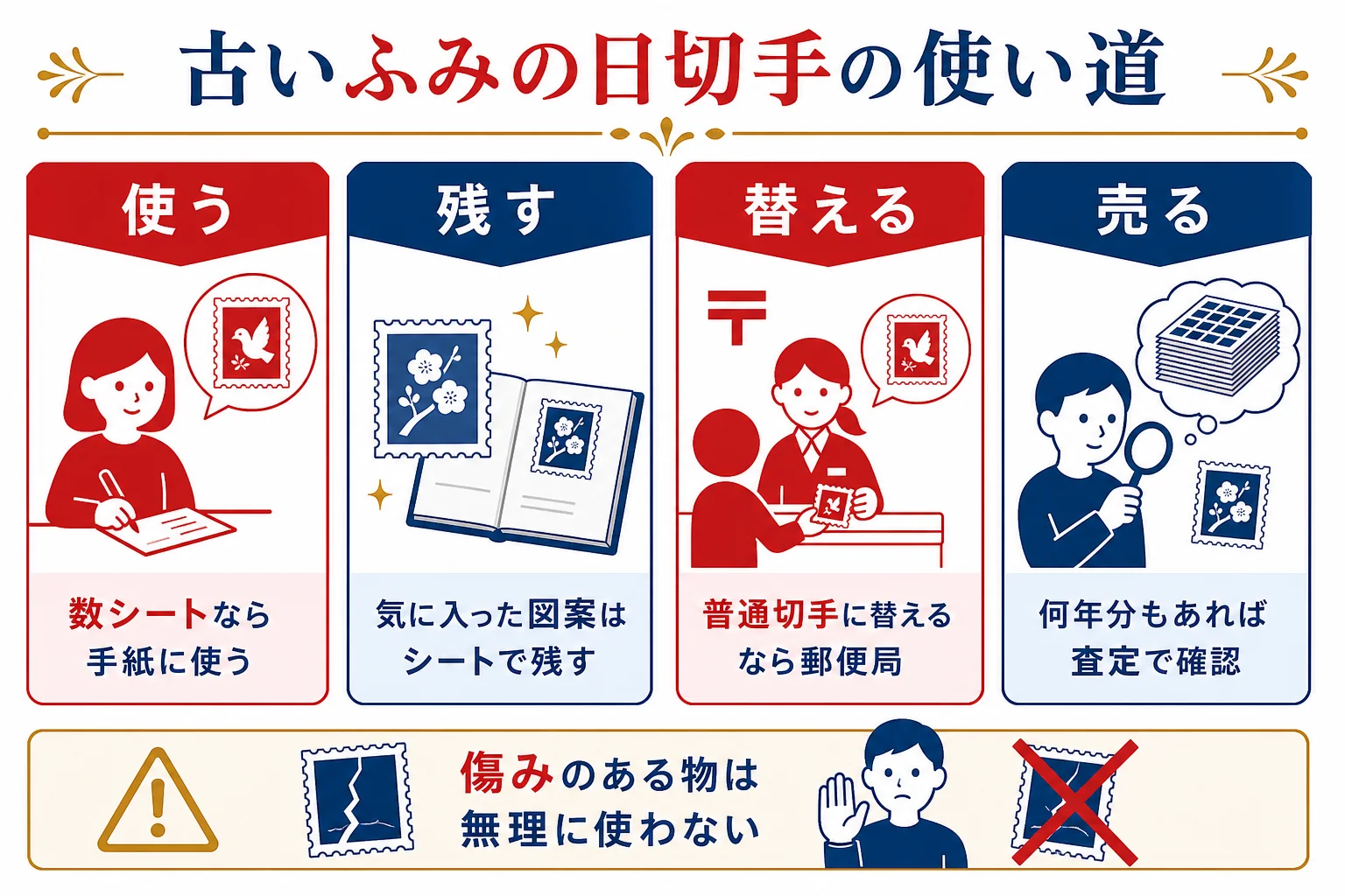 家にある古いふみの日切手を、量と状態から使う・残す・交換する・売るに分ける判断の図解