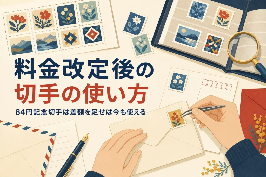 84円・63円などの記念切手を料金改定後に使う方法を解説する記事のアイキャッチ