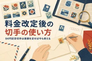 84円・63円などの記念切手を料金改定後に使う方法を解説する記事のアイキャッチ