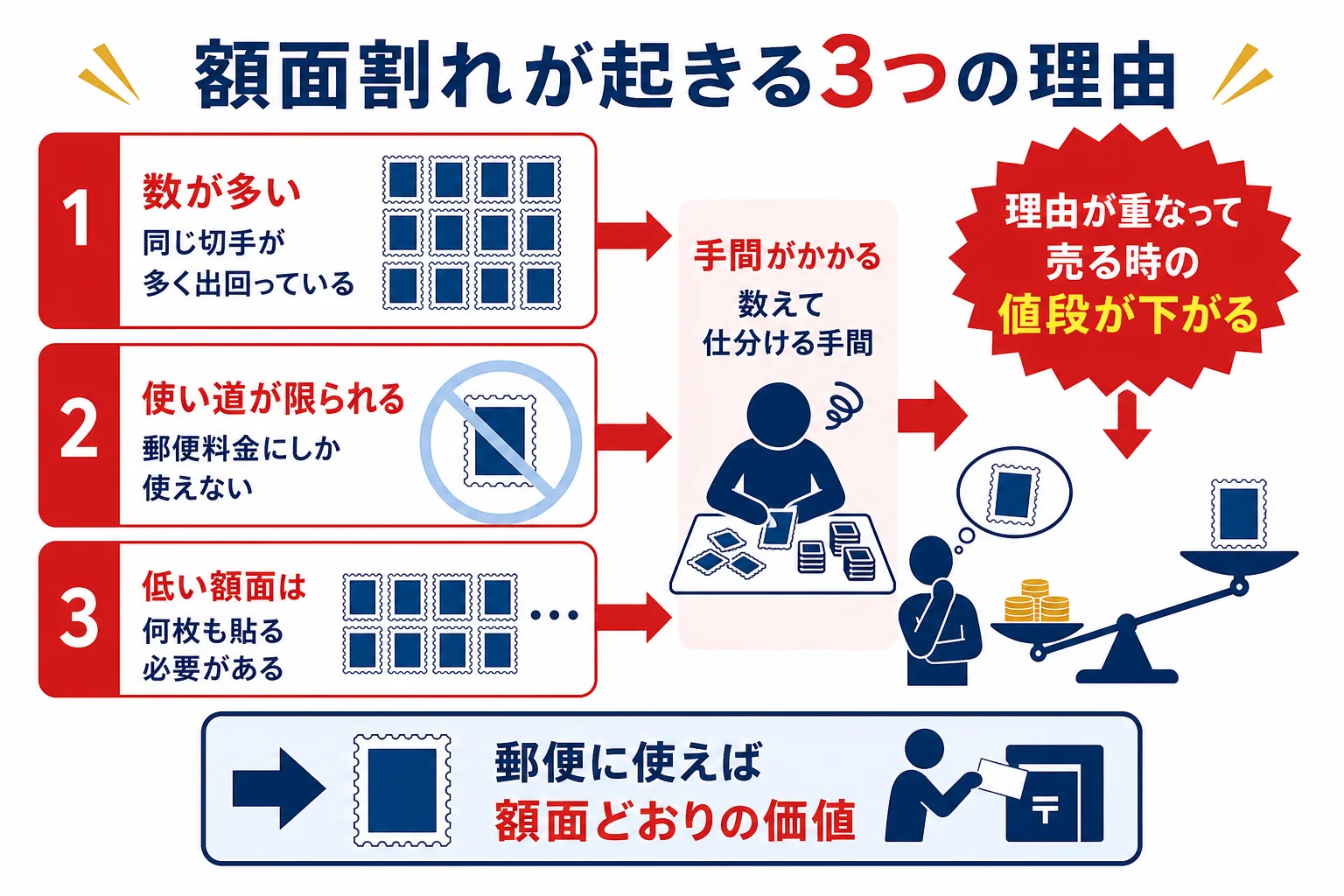 記念切手の額面割れが起きる3つの理由を、数が多い・使い道が限られる・手間がかかるに分けた図解