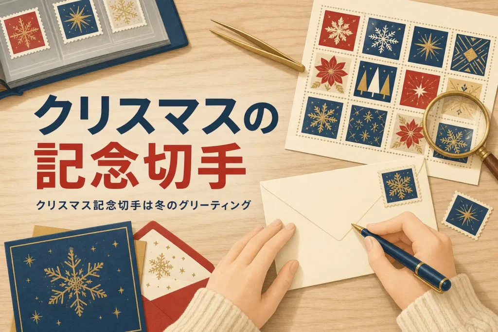クリスマスの記念切手にあたる冬のグリーティングと、季節の切手の選び方を紹介する記事のアイキャッチ