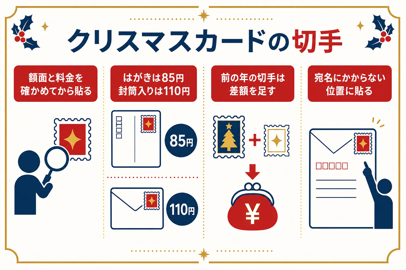 クリスマスカードに冬のグリーティングの切手を使う時に、料金と額面を確かめて差額を足す手順を示した図解