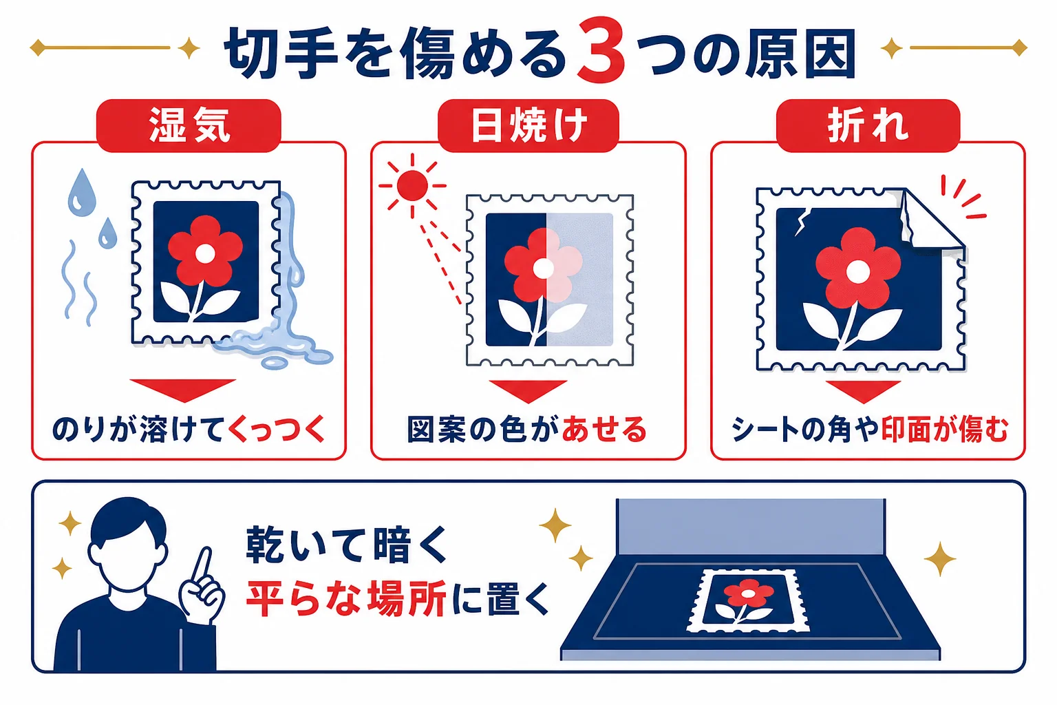 記念切手を傷める湿気・日焼け・折れの3つの原因と、それぞれを避ける保管のしかたを示した図解