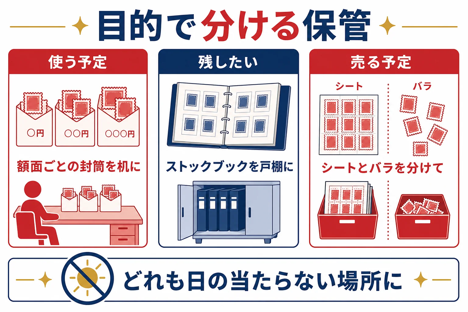手元の記念切手を使う予定・残したい・売る予定の3つに分け、それぞれに合う入れ物と置き場所を示した図解