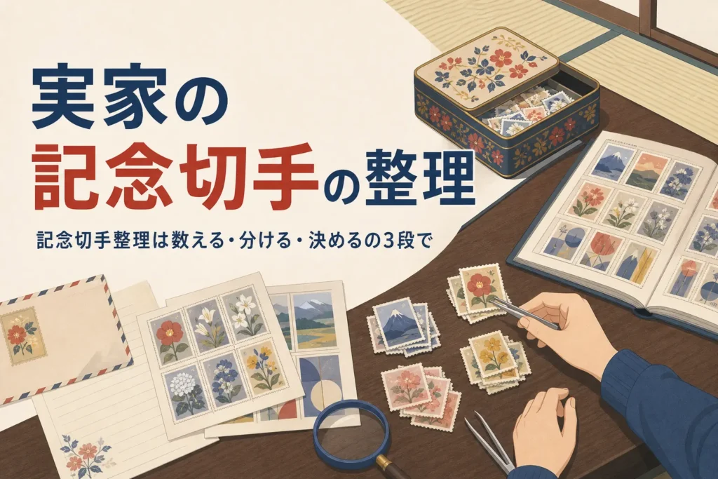 実家や遺品から出てきた記念切手を数える・分ける・決めるの3段で整理する方法を紹介する記事のアイキャッチ