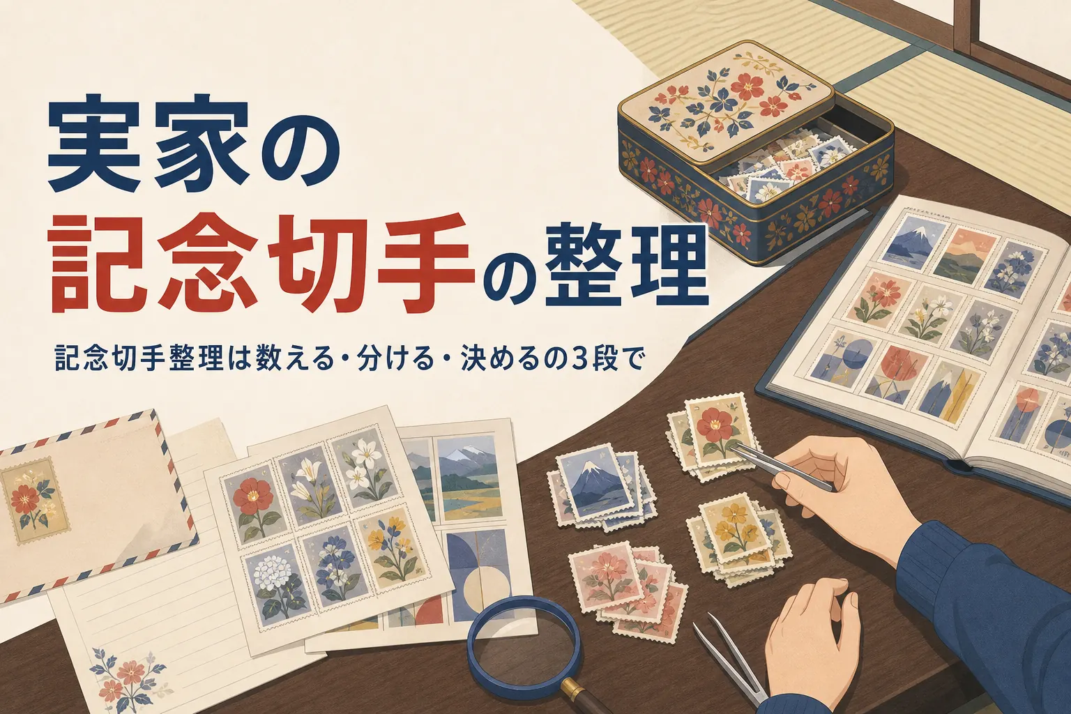 実家や遺品から出てきた記念切手を数える・分ける・決めるの3段で整理する方法を紹介する記事のアイキャッチ