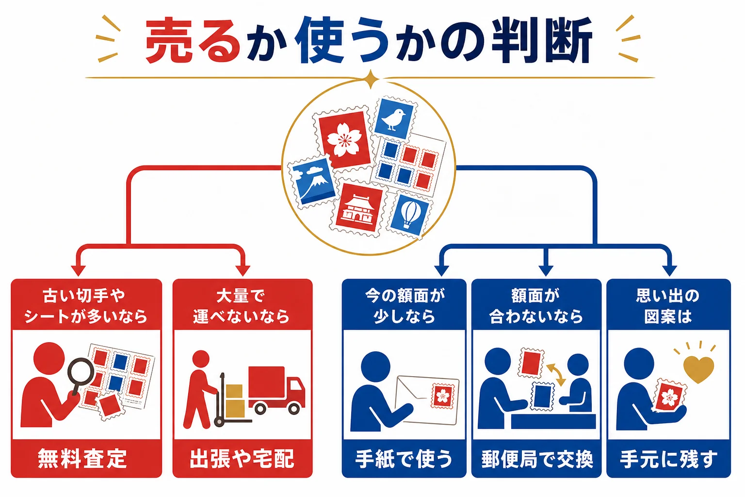 記念切手の量と種類から、買取の査定・手紙で使う・郵便局で交換・残すのどれが向くかを選ぶ判断の図解