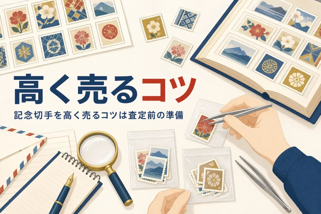 記念切手を少しでも高く売るための、査定前の準備を紹介する記事のアイキャッチ