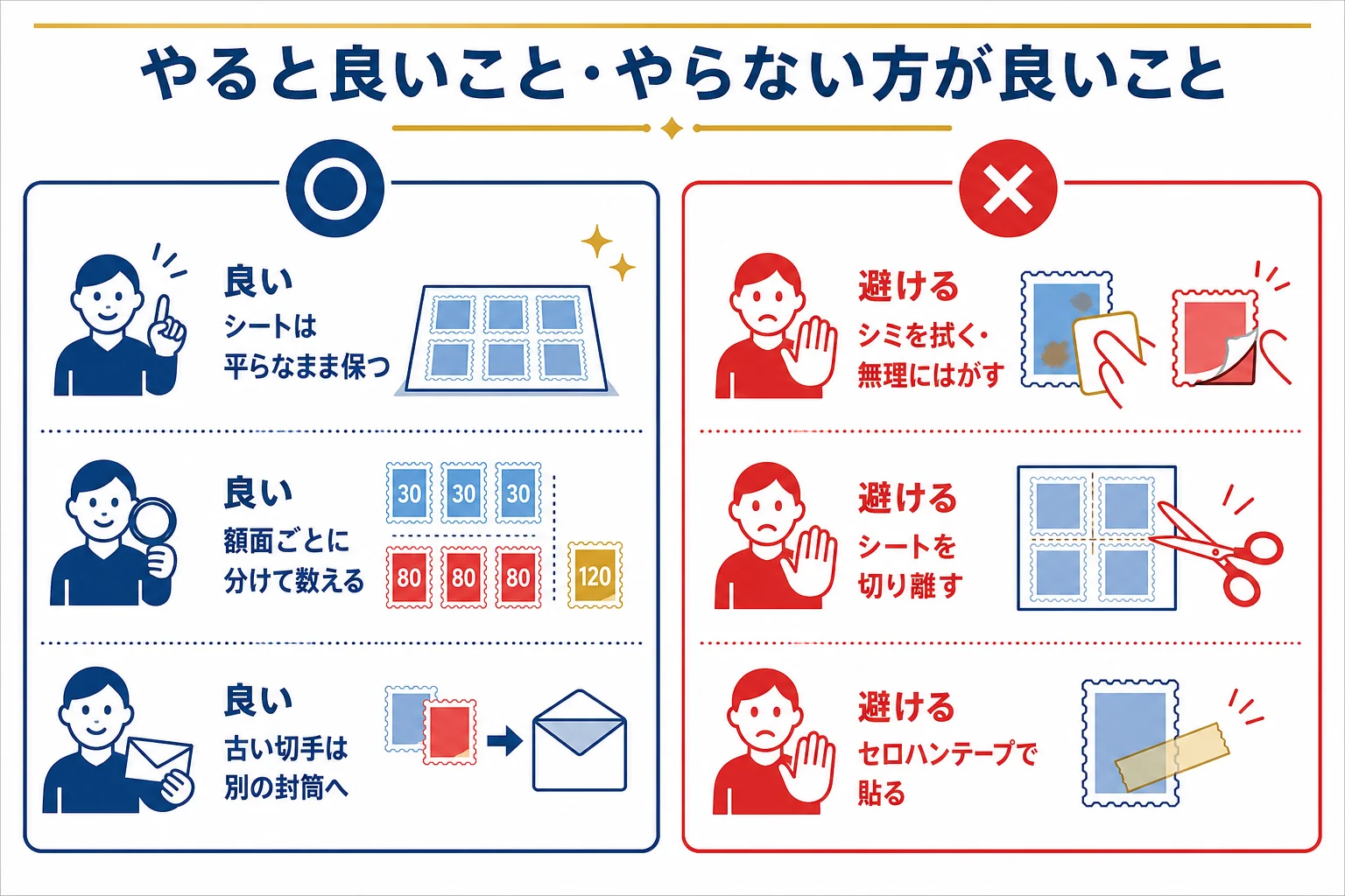 記念切手を高く売るために、査定前にやっておくと良いことと、やらない方が良いことを2列で比べた図解