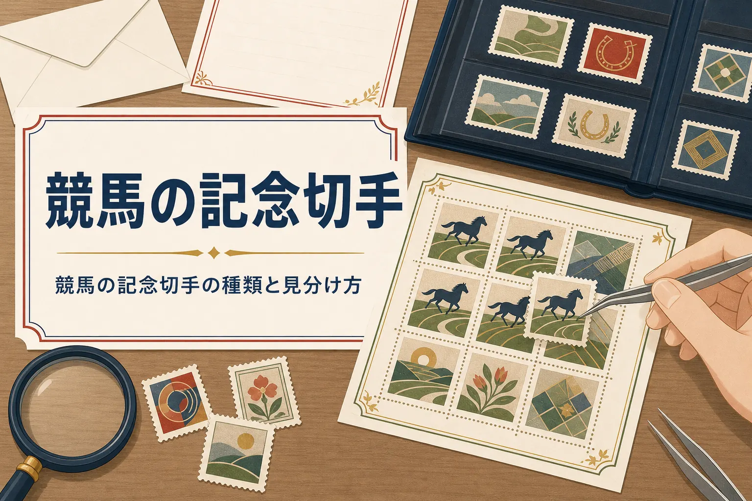 馬を思わせる架空の図案の切手シートとピンセットを並べた、競馬の記念切手の記事のアイキャッチ