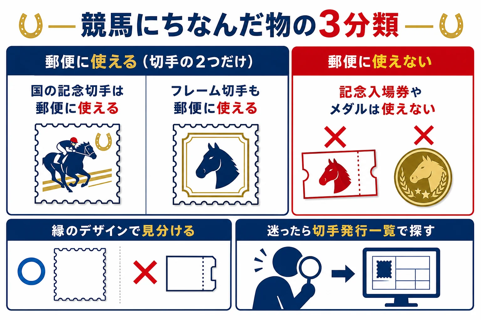 競馬にちなんだ物を国の記念切手・フレーム切手・記念グッズの3つに分けた図解