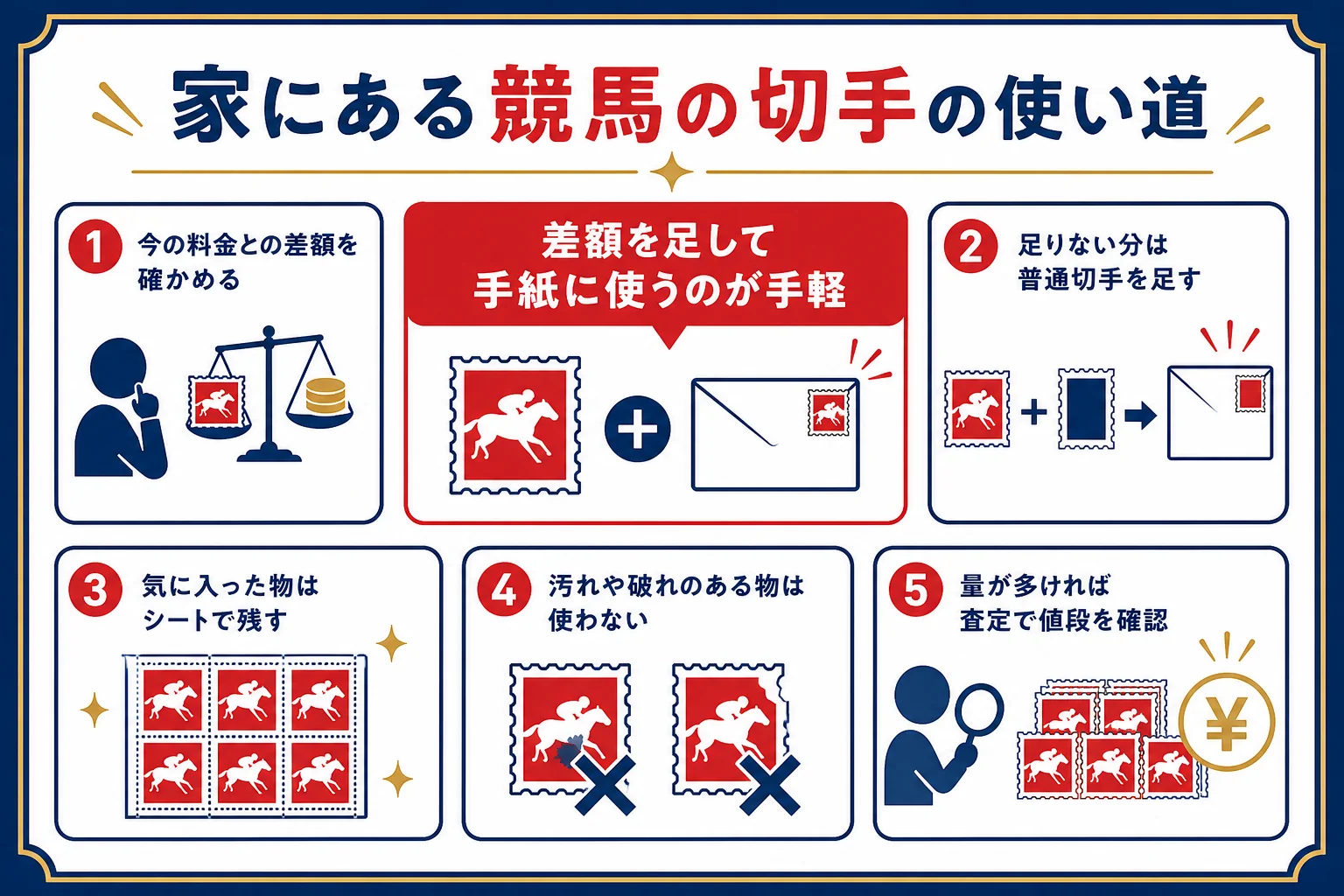 家にある競馬の記念切手を、手紙に使う・残す・査定に出すに分ける流れの図解