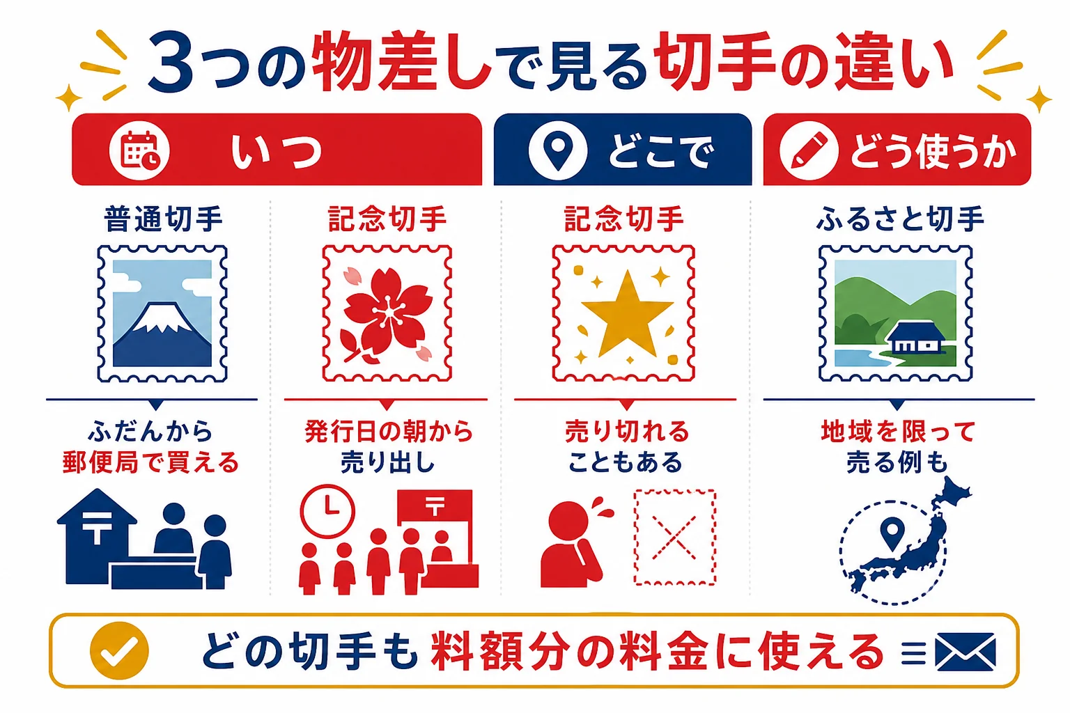 普通切手・記念切手・グリーティング切手などを、いつ・どこで売られ・どう使えるかの3つの物差しで比べた図解