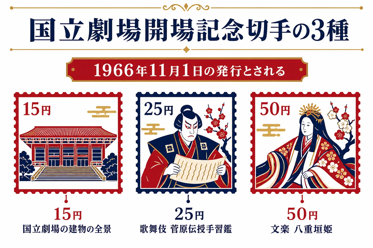 1966年の国立劇場開場記念切手の15円・25円・50円の3種と、それぞれの図案を並べた図解