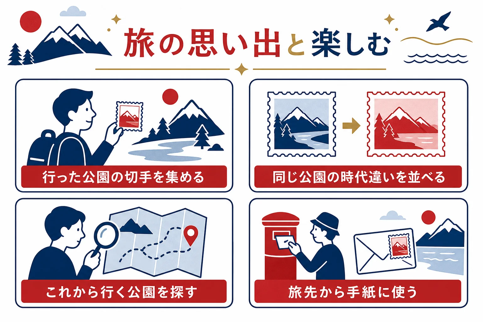 国立公園記念切手を旅の思い出と組み合わせる楽しみ方を、場面ごとに示した図解