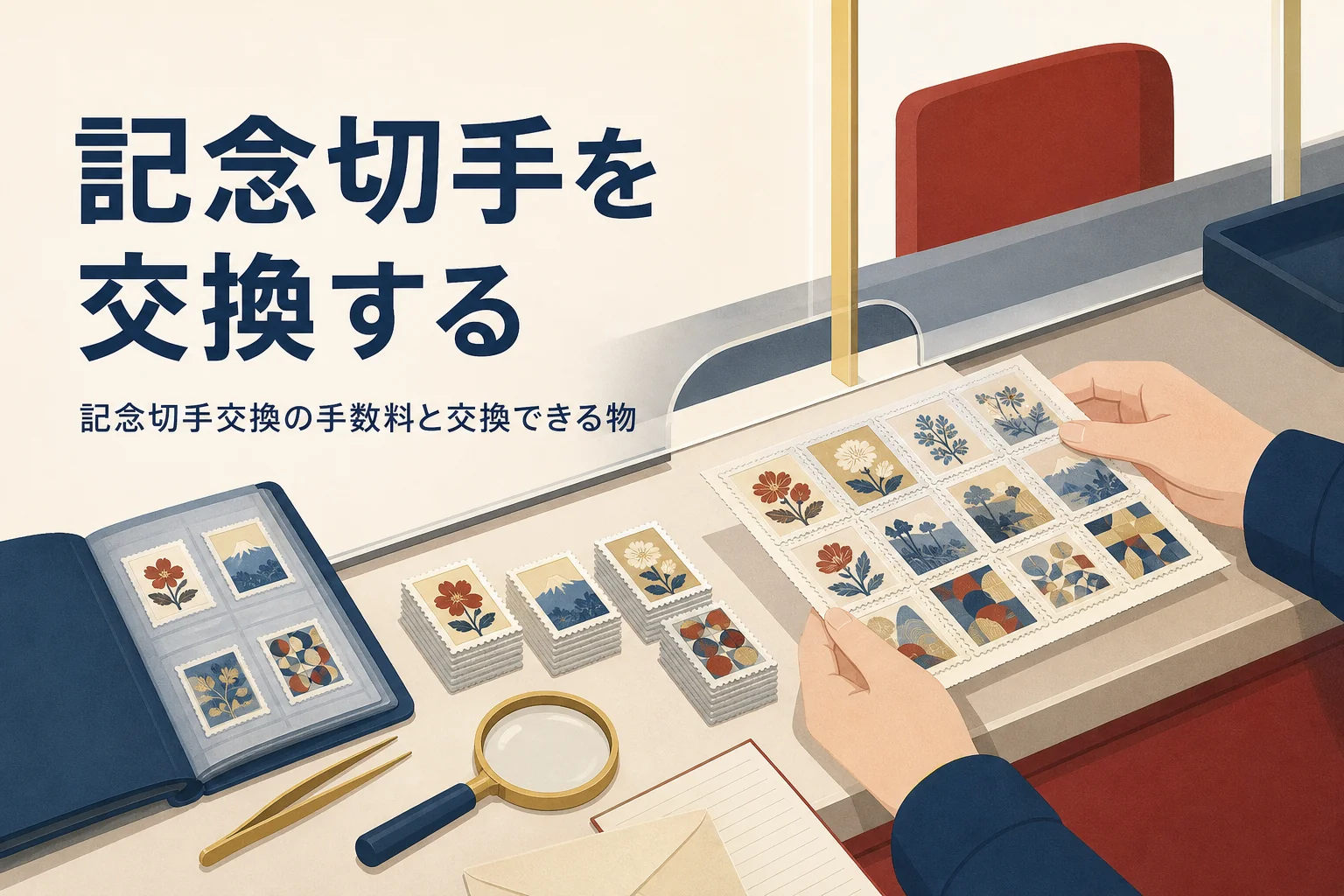 郵便局で記念切手を交換する時の手数料と交換できる物を紹介する記事のアイキャッチ