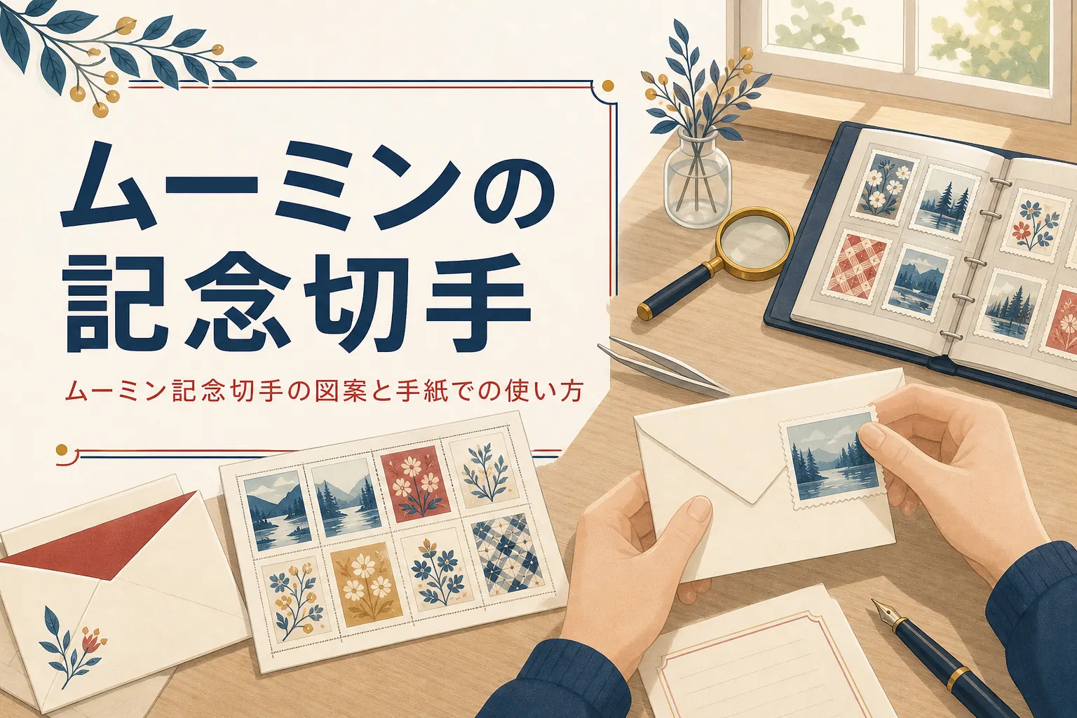 ムーミンの記念切手の発行情報と、手紙の場面に合わせた使い方を紹介する記事のアイキャッチ