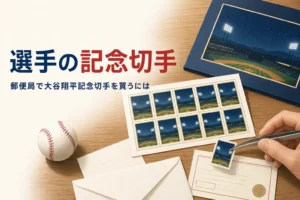 郵便局で販売された大谷翔平選手の記念切手（フレーム切手セット）の買い方を紹介する記事のアイキャッチ