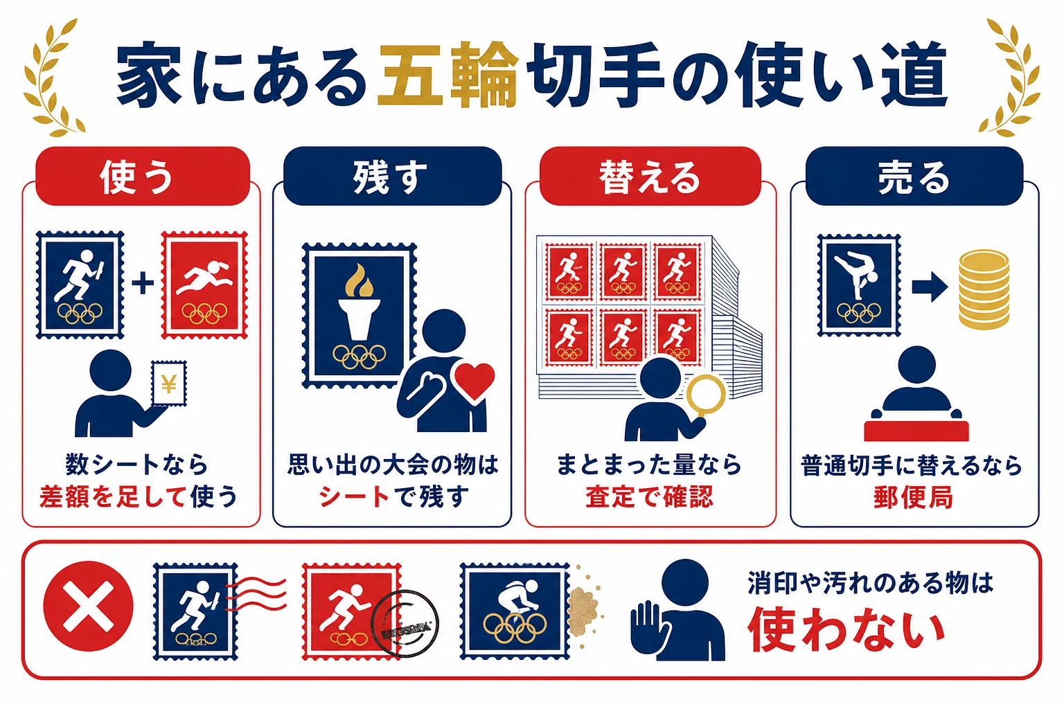 家にあるオリンピックの記念切手を、手紙に使う・残す・交換する・査定に出すに分ける判断の図解
