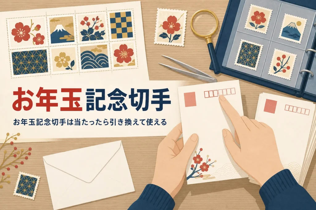 年賀はがきと小さな切手シートを並べた、お年玉記念切手の記事のアイキャッチ