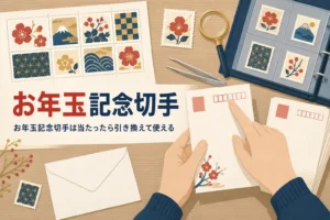 年賀はがきと小さな切手シートを並べた、お年玉記念切手の記事のアイキャッチ