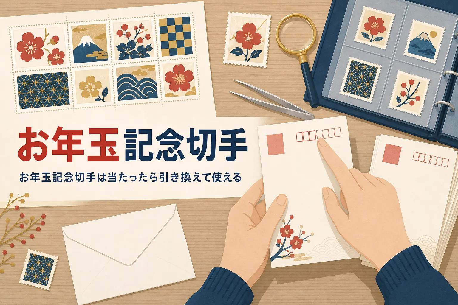 年賀はがきと小さな切手シートを並べた、お年玉記念切手の記事のアイキャッチ