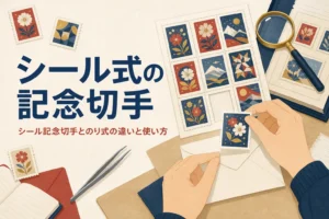 シール式の記念切手とのり式の違いと使い方を解説する記事のアイキャッチ