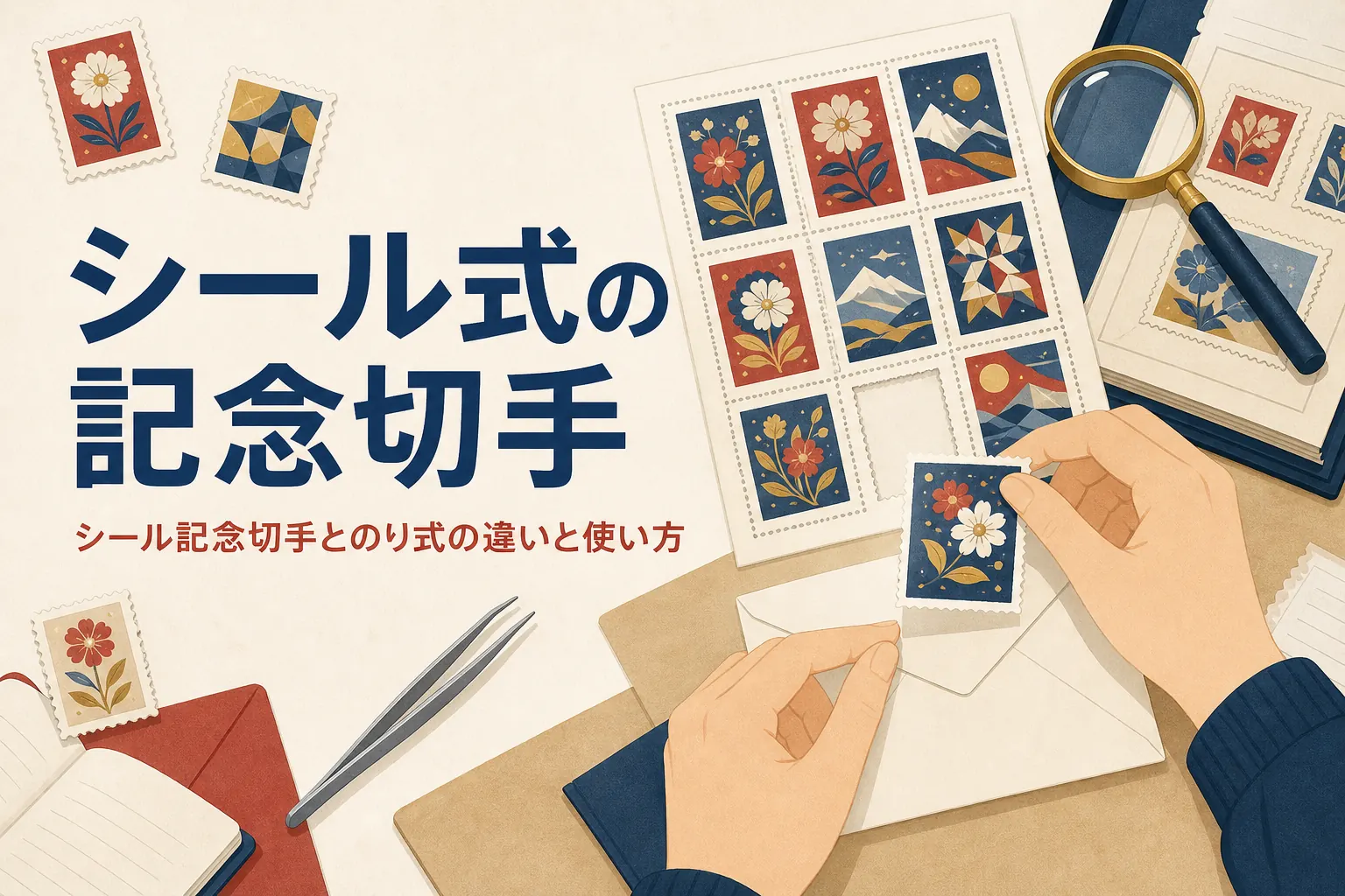 シール式の記念切手とのり式の違いと使い方を解説する記事のアイキャッチ