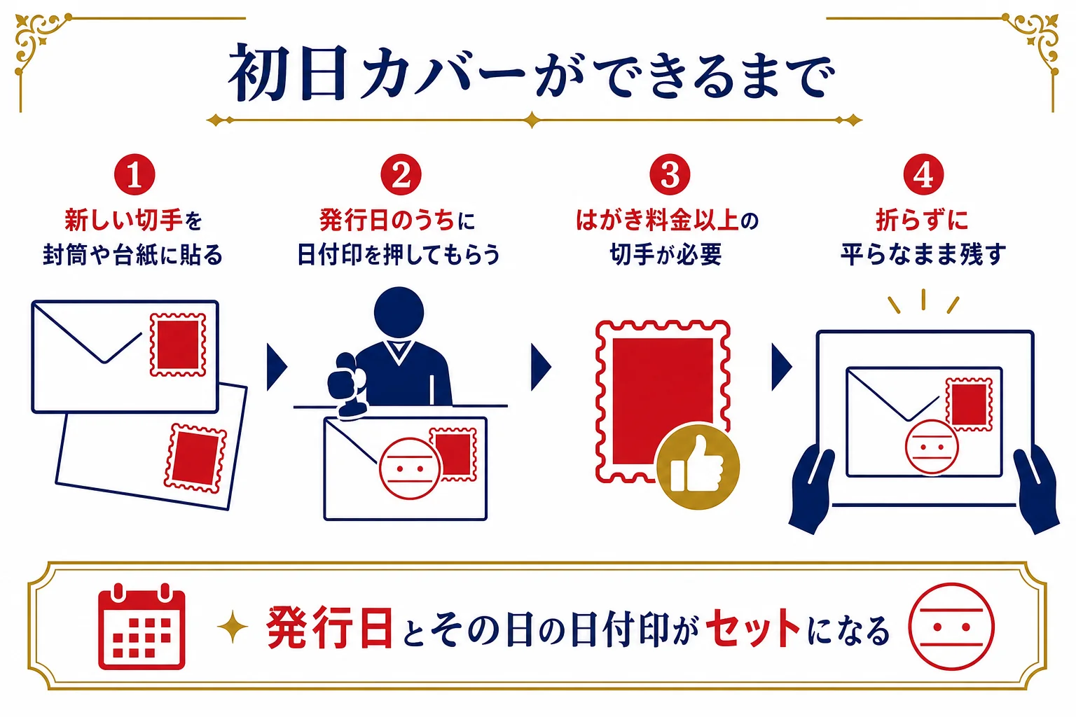 初日カバーの作り方を、切手を台紙に貼る・発行日に日付印を押してもらう・残すの3段階で示した図解