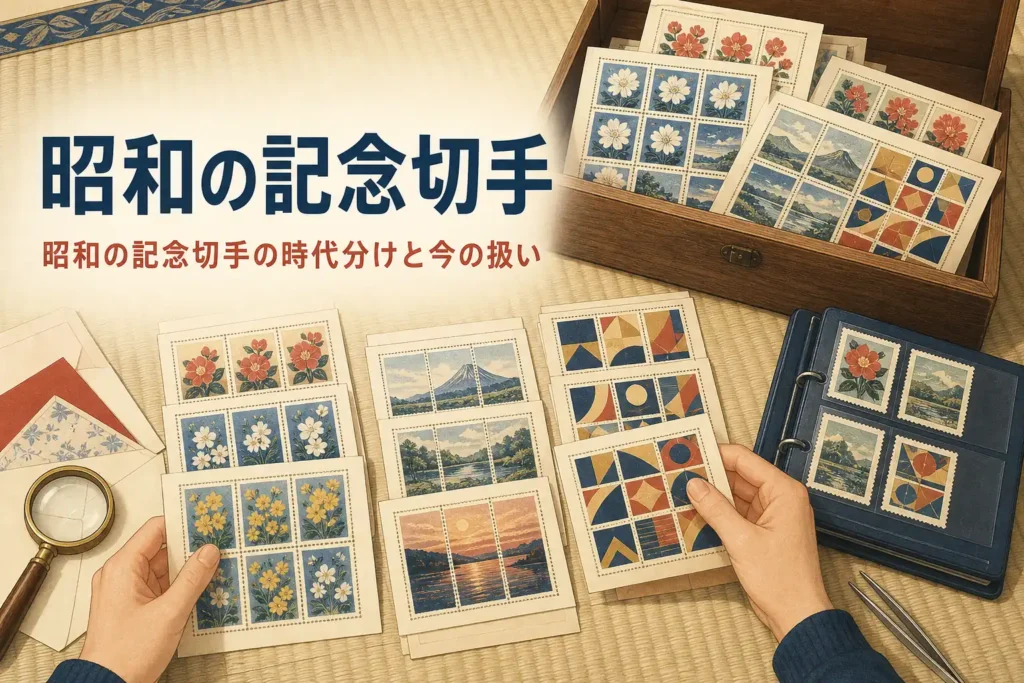 昔の箱から出てきた架空の図案の切手シートを畳の上で年代ごとに分けている、昭和の記念切手の記事のアイキャッチ