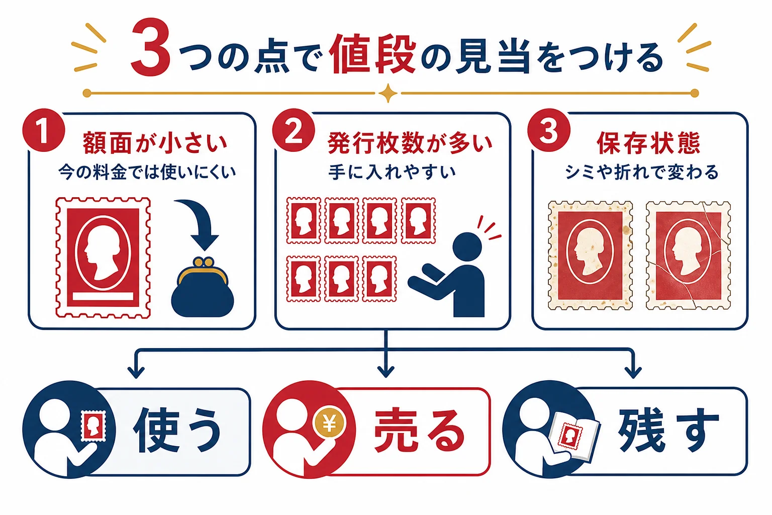 昭和40年代の記念切手を、額面・発行枚数・保存状態の3点でチェックする流れの図解