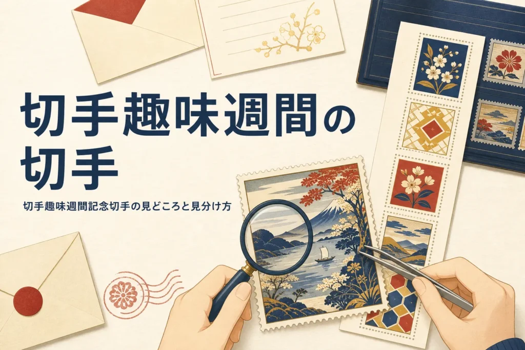 和紙の上に並べた大きめの記念切手をルーペで眺める様子を描いた、切手趣味週間記念切手の記事のアイキャッチ