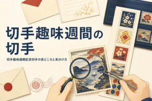 和紙の上に並べた大きめの記念切手をルーペで眺める様子を描いた、切手趣味週間記念切手の記事のアイキャッチ