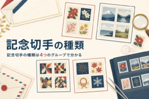 記念切手の種類と、特殊切手・ふるさと切手・グリーティング切手の違いを解説する記事のアイキャッチ