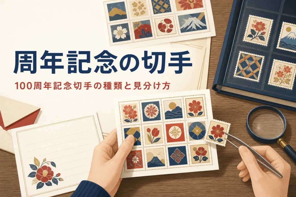 記念切手のシートとストックブックを並べた、100周年記念切手の記事のアイキャッチ