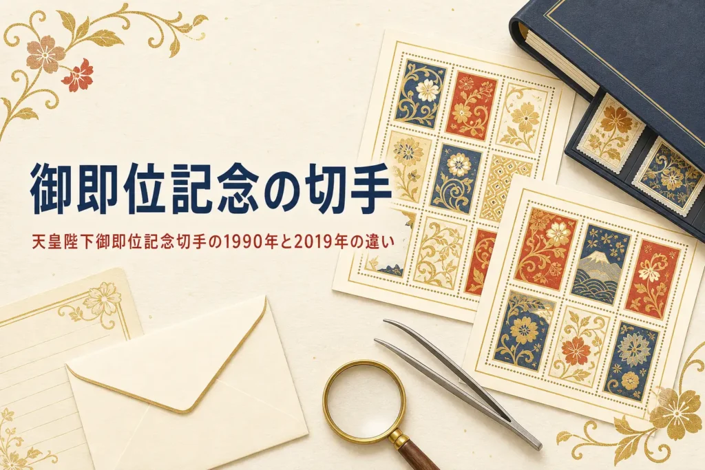 金色の文様の記念切手シートと封筒を並べた、天皇陛下御即位記念切手の記事のアイキャッチ