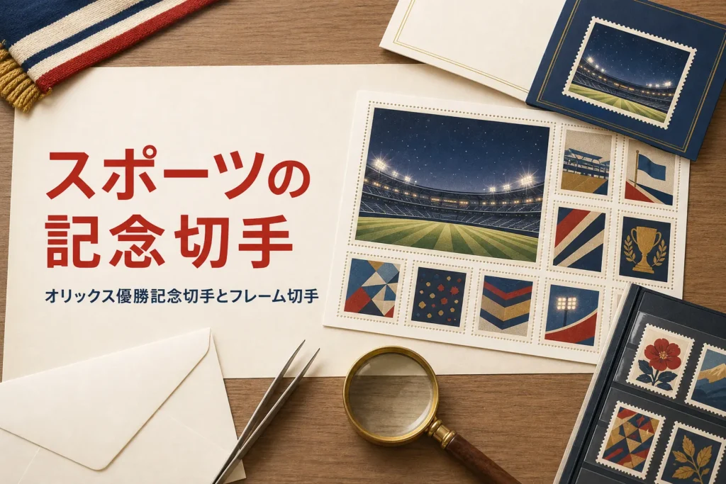 オリックス優勝記念切手をはじめ、プロ野球・スポーツのフレーム切手を紹介する記事のアイキャッチ
